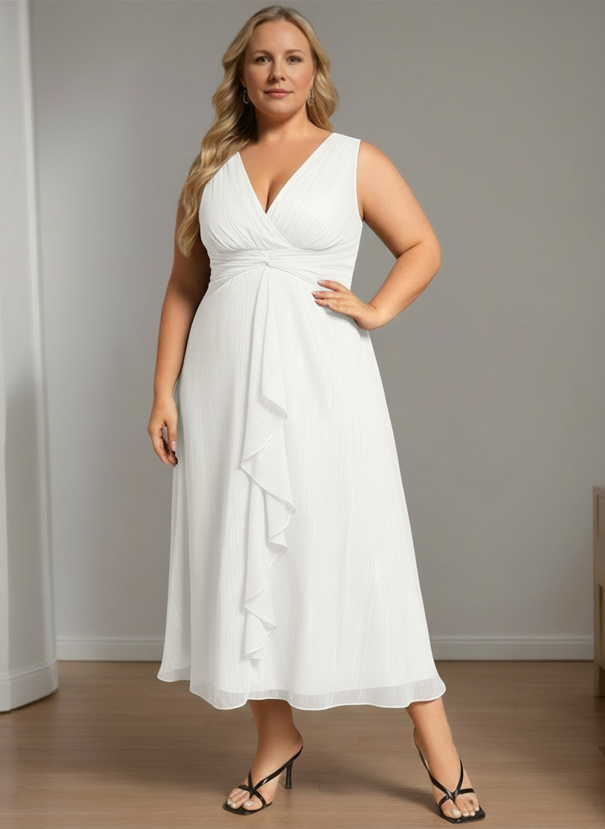 Pure Color Tea Length Mother Of The Bride Dress With Vneck And Aline Silhouette