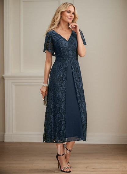 A-Linie V-Ausschnitt Wadenlanges Chiffon-Kleid für die Brautmutter 