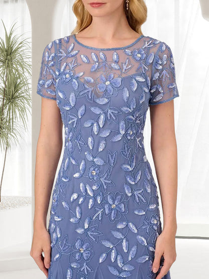 Vestido largo de sirena azul con cuello redondo para madre de la novia con cuentas