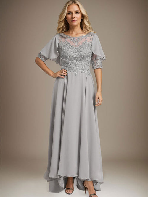 Abito da madre della sposa in chiffon e pizzo asimmetrico con scollatura a U a linea ad A con perline