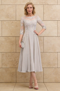 Elegant Silver Gray Lace Chiffon Tea-Length Mother of the Bride Dress with 3/4 Sleeves by tangjianjun