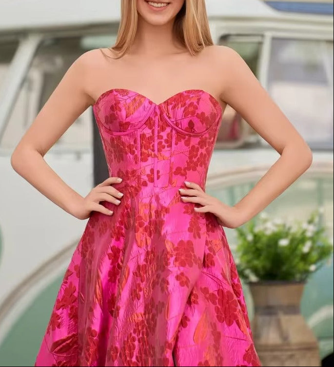 Vestido de Baile Jacquard Floral Sem Alças | Vestido de Baile com Decote Coração e Fenda