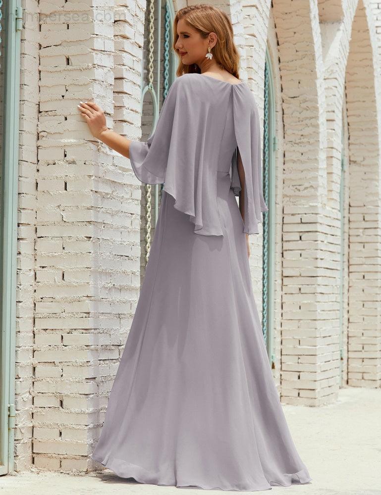 Abito da Damigella Donna Manica Lunga Scollatura a V Chiffon Abito da Cerimonia Matrimonio Festa 28018