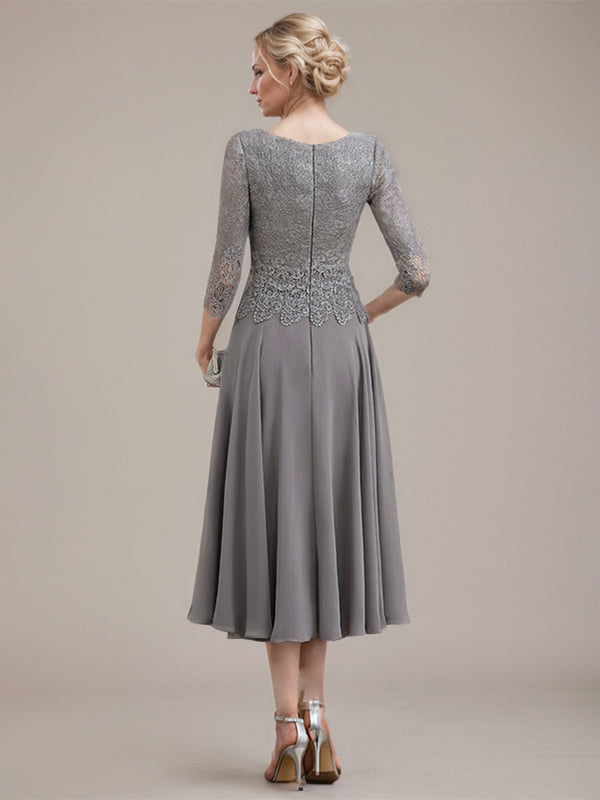 Robe de mère de la mariée en dentelle et mousseline, longueur thé, coupe en A avec encolure dégagée