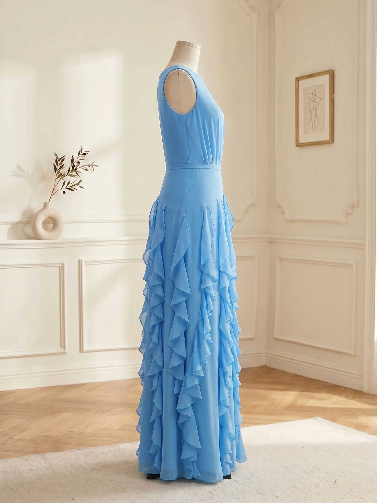 Sleeveless Tiered Chiffon Maxi Evening Gown with Ruched Bodice - view 5