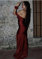 Elegante abito da sera color bordeaux con spacco a sirena, abito formale per ballo di fine anno Y8414