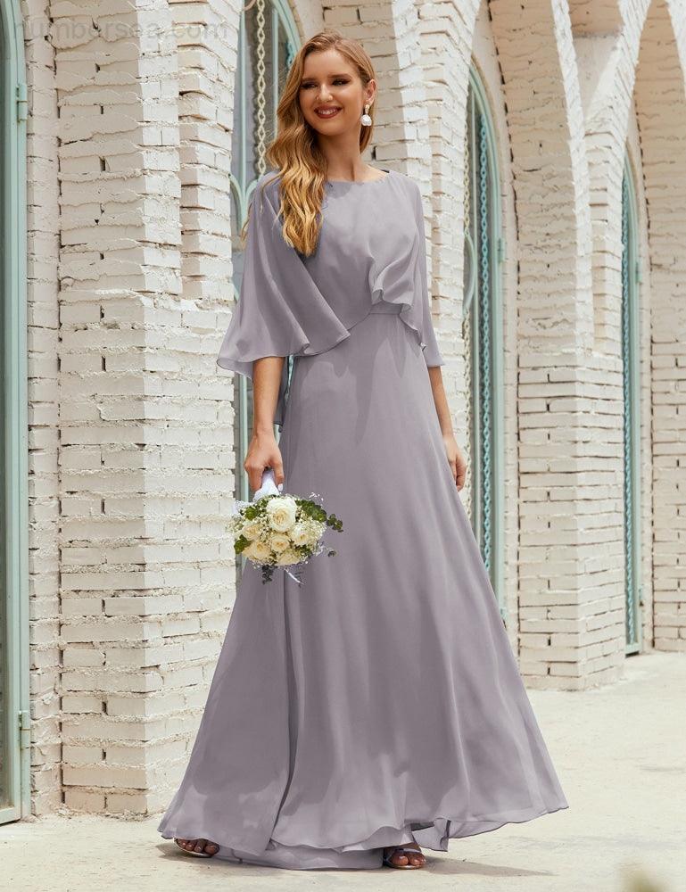 Abito da Damigella Donna Manica Lunga Scollatura a V Chiffon Abito da Cerimonia Matrimonio Festa 28018