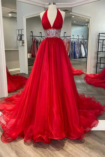 Vestido de fiesta largo de corte A con espalda descubierta y cuello halter con cuentas