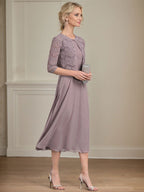 Robe de mère de la mariée en mousseline, longueur thé, en forme de A, décolleté arrondi avec plis