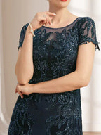 Vestido de Mãe da Noiva em Renda e Chiffon com Lantejoulas, Ilusão, Comprimento até ao Chão, Modelo Tubo/Coluna