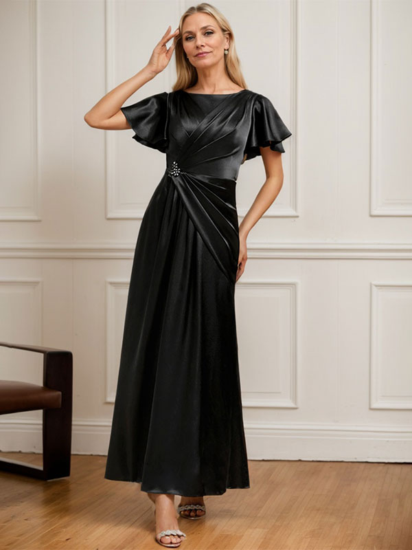 Robe de mère de la mariée en satin extensible, longueur cheville, en ligne A, décolleté arrondi, ornée de perles plissées