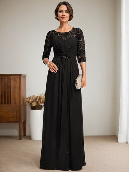 A-Linie U-Ausschnitt Illusion Bodenlang Spitzen Chiffon Mutter der Braut Kleid mit Perlenbesatz Rüschen 