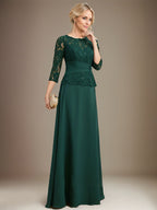 A-line Scoop Illusion Floor-Length Chiffon Lace Mother of the Bride Dress With Pleated Sequins Beading