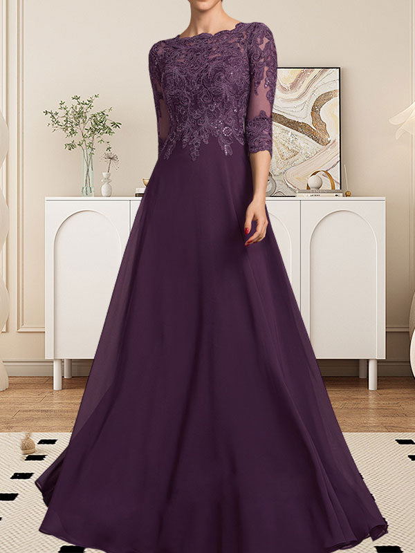 A-Linie U-Ausschnitt Bodenlang Spitzen-Chiffon-Kleid für die Brautmutter mit Pailletten