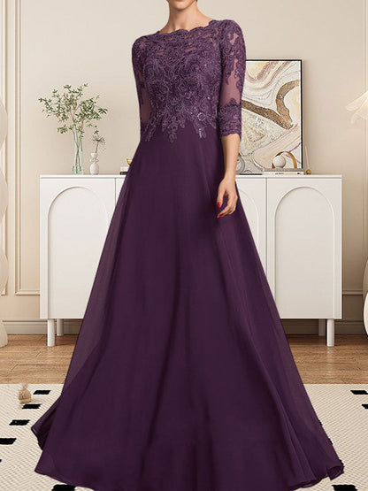 A-Linie U-Ausschnitt Bodenlang Spitzen-Chiffon-Kleid für die Brautmutter mit Pailletten