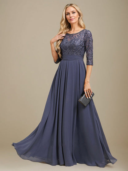 A-Linie U-Ausschnitt Bodenlang Spitzen-Chiffon-Kleid für die Brautmutter mit Paillettenapplikation 