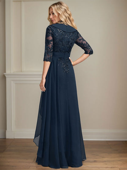 Vestido de madre de la novia de gasa con encaje, escote en V, corte A y largo hasta el suelo, con lentejuelas y volantes en cascada 