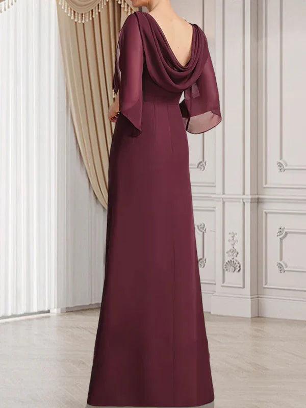 Etui/Säulenförmiges Bodenlanges Chiffonkleid für die Brautmutter mit Falten und Perlenstickerei
