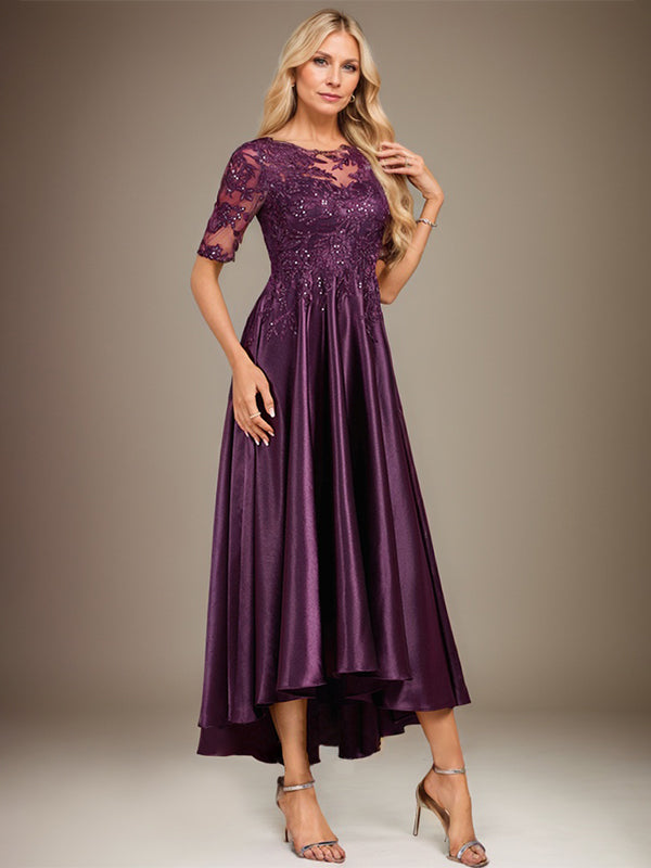 A-Linie, U-Ausschnitt, Illusion, asymmetrisch, Stretch-Satin, Spitze, Kleid für die Brautmutter mit Pailletten 