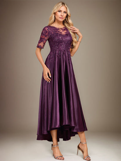 A-Linie, U-Ausschnitt, Illusion, asymmetrisch, Stretch-Satin, Spitze, Kleid für die Brautmutter mit Pailletten 