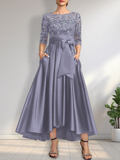 A-Linie U-Ausschnitt Illusion Asymmetrisch Satin Spitze Mutter der Braut Kleid mit Schleife