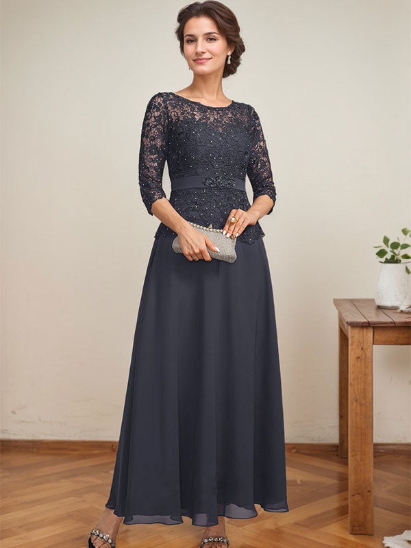 Robe de mère de la mariée en dentelle en mousseline, longueur cheville, coupe trapèze, décolleté illusion en forme de goutte, ornée de perles en strass