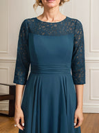 A-Linie U-Ausschnitt Illusion Bodenlang Spitze Chiffon Mutter der Braut Kleid Mit Plissee 