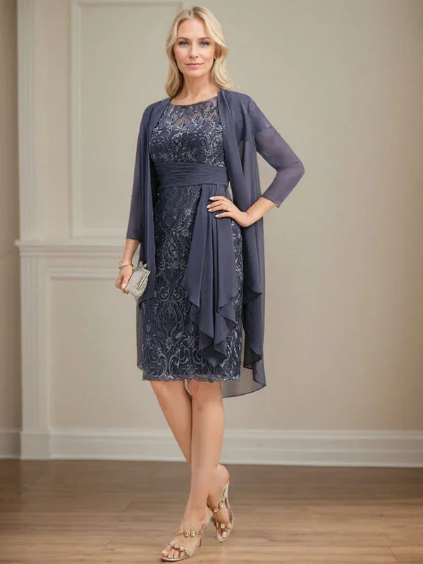 Abito da madre della sposa in pizzo e chiffon con gonna a colonna a effetto illusion fino al ginocchio, con balze a cascata e paillettes