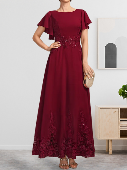 Vestido de gasa con encaje y lentejuelas para madre de la novia, corte A, escote redondo hasta los tobillos