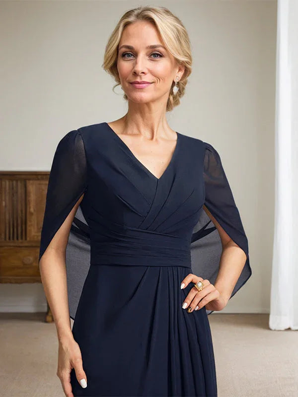 فستان أم العروس طويل برقبة على شكل حرف V وقصة على شكل حرف A باللون الأزرق الداكن