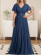 A-line V-Neck Floor-Length Chiffon Mother of the Bride Dress With Crystal Brooch Pleated