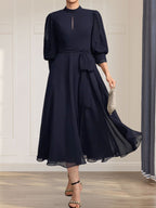 Abito da madre della sposa in chiffon di pizzo, linea a trapezio, collo alto, lunghezza al tè, con fiocco