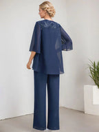 Mono/Pantalón Separado con Escote Redondo, Largo hasta el Suelo, de Encaje y Gasa, Vestido de Madre de la Novia con Lentejuelas