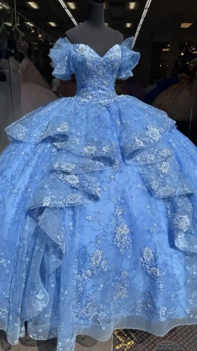 Abito da ballo lussuoso in tulle azzurro con pizzo, abito azzurro per sedicesimo compleanno, abito per quinceañera Y4510
