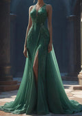 Splendido abito da sera sirena lungo in chiffon di raso verde con applicazioni Y8367
