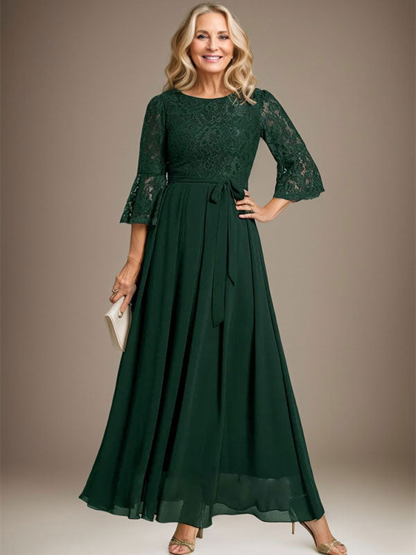 Robe de mère de la mariée en mousseline de soie à dentelle, longueur cheville, en forme trapèze avec encolure dégagée et nœud