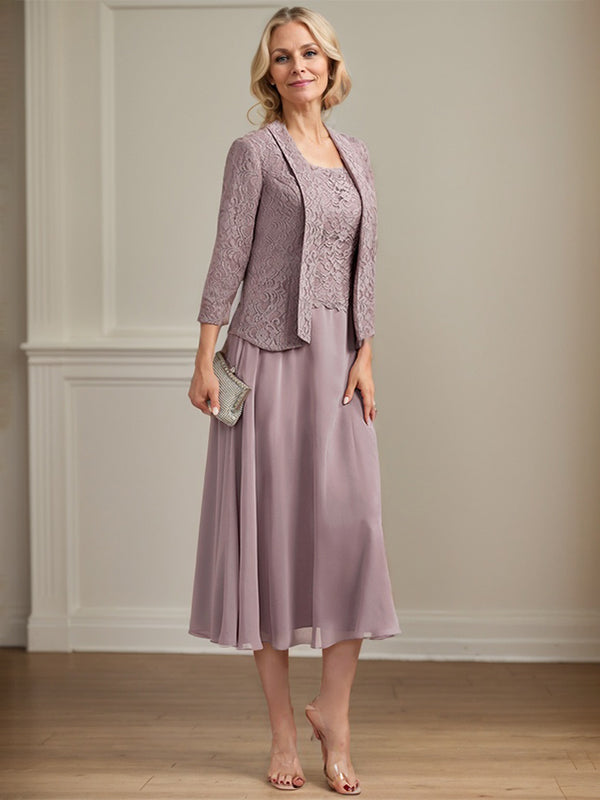 Robe de mère de la mariée en dentelle et mousseline, longueur thé, coupe en A avec encolure dégagée