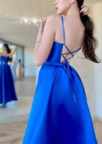 Robe de bal/robe de soirée en satin longueur cheville avec encolure carrée en ligne A et bretelles fines ceinture Y6219