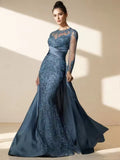 Abito da sera elegante bianco con applicazioni in pizzo di tulle, maniche lunghe, linea a trapezio, modello Y8514
