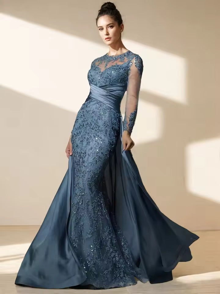 Abito da sera elegante bianco con applicazioni in pizzo di tulle, maniche lunghe, linea a trapezio, modello Y8514