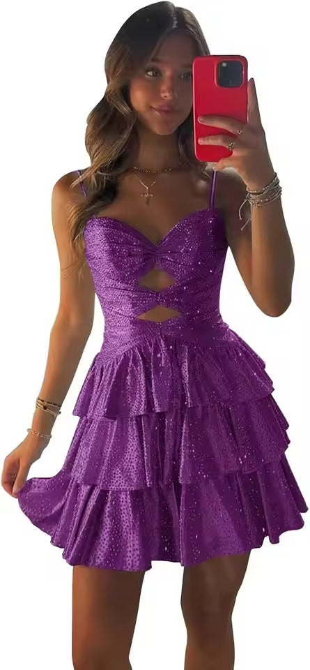 Vestido Curto Brilhante Sem Alças com Recortes | Vestido de Volantes em Camadas para Baile de Regresso a Casa