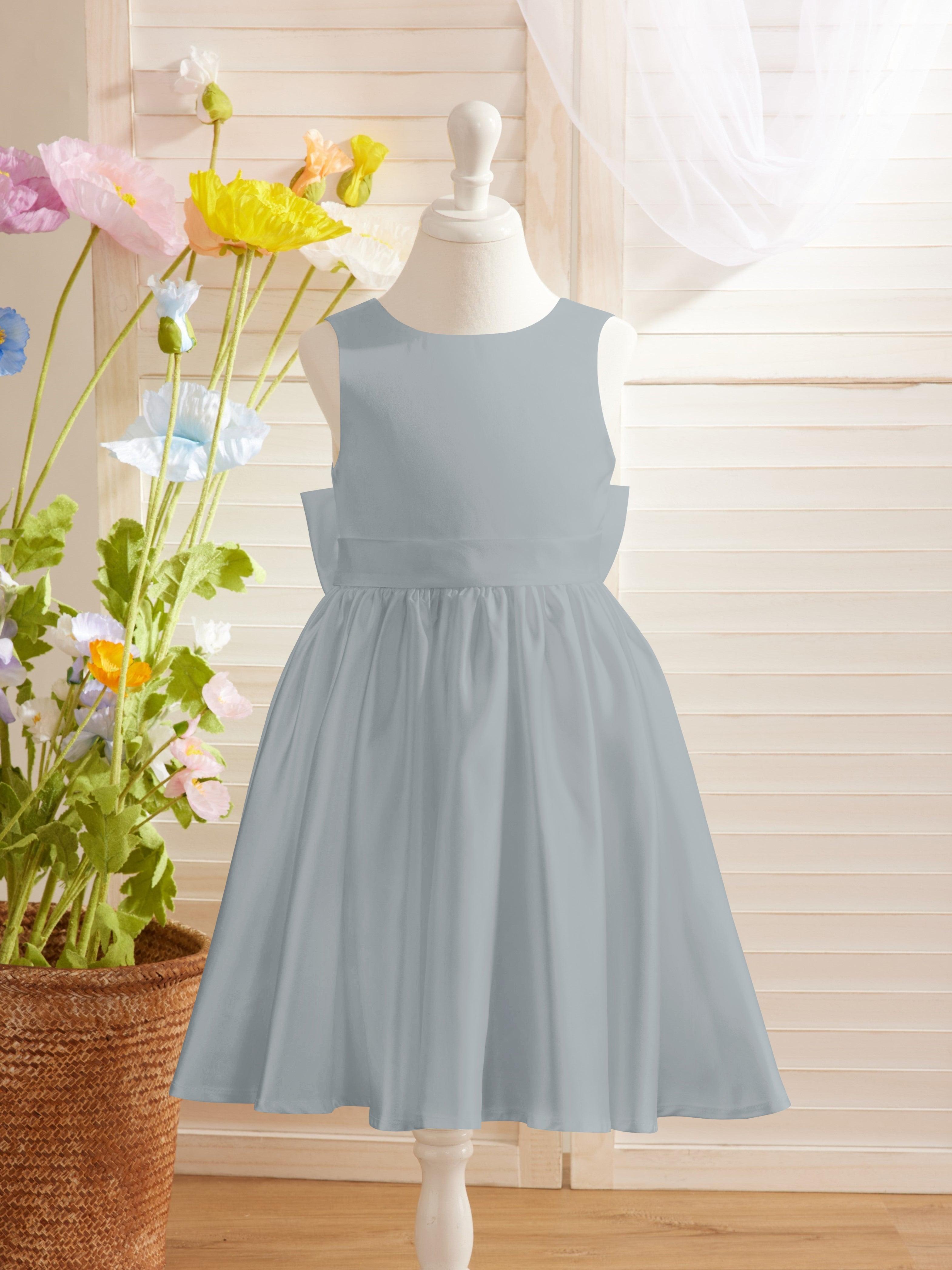 Ivory Satin Princess Flower Girl Knee Length Dress With Bow