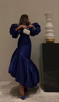 Vestido de noite formal azul com mangas bufantes únicas, pregas e corte sereia, vestido de baile Y7789