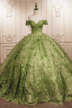 einzigartiges salbeigrünes Spitzenballkleid mit schulterfreiem Schnitt Quittenkleid für 15. Geburtstagsfeier Y6525