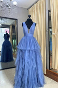 Abito lungo da sera in tulle blu a linea ad A Y5340