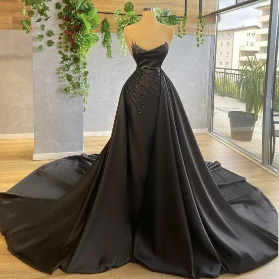 Robes de soirée noires pour femmes avec traîne amovible, perles et plis Y6676