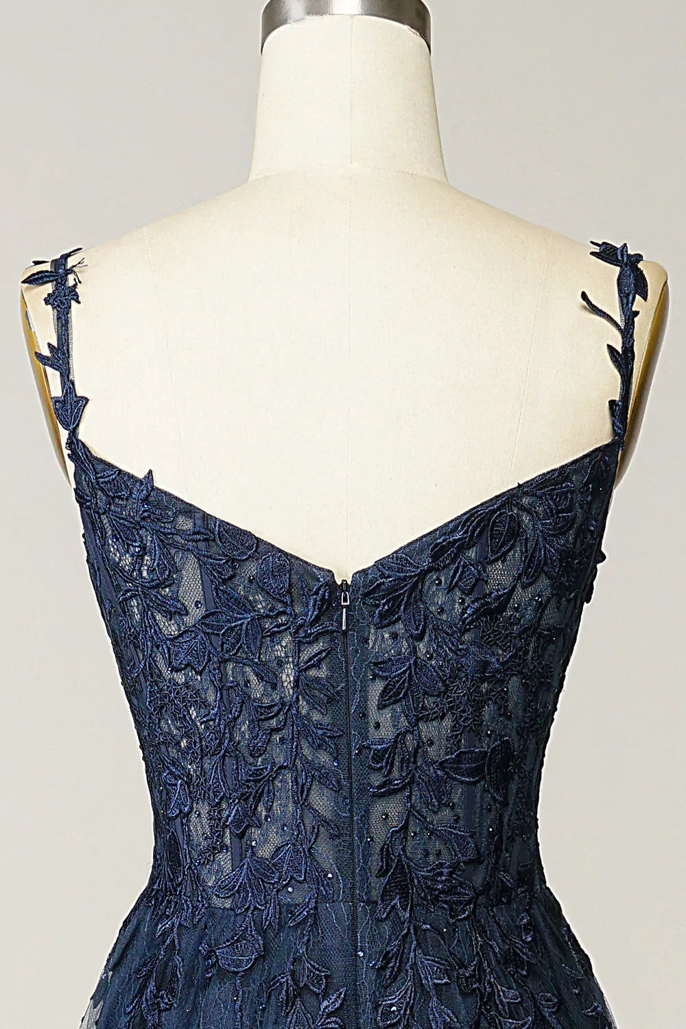 Vestido de Gala Azul Marinho em Linha A com Renda e Tule Vestido de Noite Y382