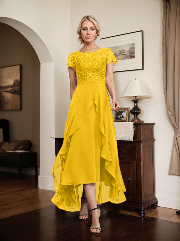 Robe de mère de la mariée en mousseline et dentelle asymétrique illusion à encolure dégagée, coupe en A, avec nœud, volants et paillettes