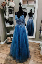Vestido Formal de Baile Azul com Alças de Lantejoulas e Contas Vestido Elegante para Noite Y1811