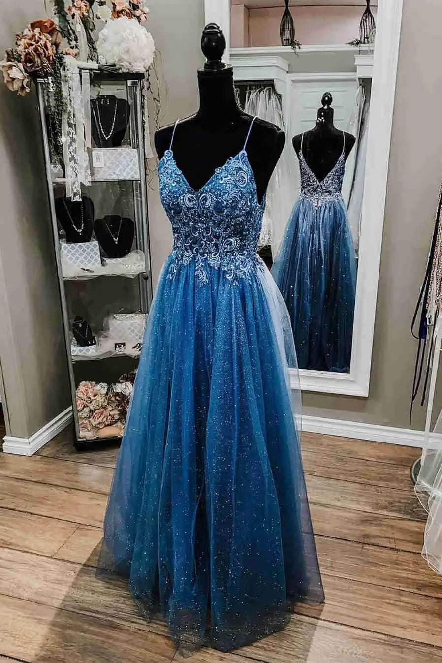 Abito da sera elegante blu con spalline scintillanti e perline per ballo di fine anno Y1811